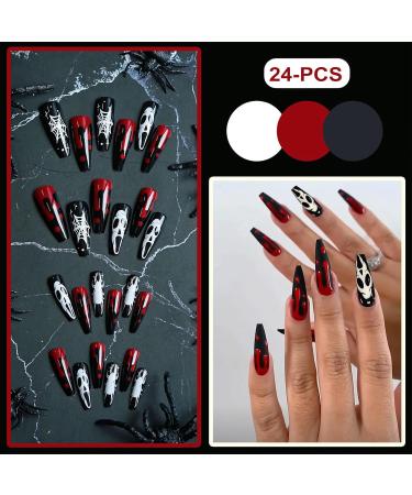 24-PCS Halloween Press on Nails Square Long Coffin Fake Nails with Skull and Blood Drop Shape Design Unique French Halloween False Nails Full Cover Artificial Nails Tips for Women and Girls Style-6 - Buy Online on GoSupps.com