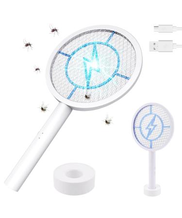 Lanpuly Electric Fly Swatter, Bug Zapper Mosquito Killer for Indoor Outdoor, 4000 Volt Electric Fly Killer Pest Insects Control Racket Zap with Base for Mosquito Gnat Fly Wasp, Safe to Touch White-Bug Zapper