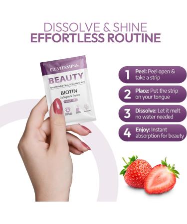 Oral Strips for Hair Growth Glowing Skin & Strong Nails Fast-Acting Biotin Vitamin E Collagen & Folate Supplement for Men & Women 2X Faster Results Strawberry Flavor 30 Strips | Sugar Free - Buy Online on GoSupps.com