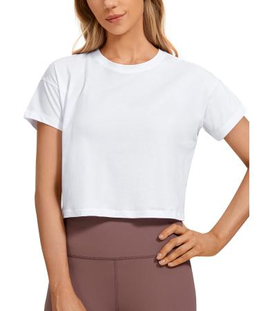 CRZ YOGA Women's Pima Cotton Workout Short Sleeve Shirts Loose Crop Tops Athletic Gym Shirt Casual Cropped T-Shirt Medium White