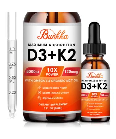 Bunkka Vitamin D3 K2 Liquid Drops Maximum Strength Vitamin D Liquid 5000 IU Organic MCT Oil & Omega 3 4 in 1 Fast Absorption Formula Support Bones Muscle and Immune Non-GMO & Vegan