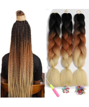 Showjarlly Kanecalon Kunsthaar Hair KanCalon Hair Braids Extension ombre jumbo braid hair extension 24 " Kanecalon braids Box Hair Kunsthaar Hair for braid Kanecalon African Hair 61cm-24 inch (3 SPALL/brown/brown/cream white