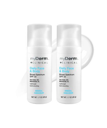 Twin Pack - myDerm CLINICAL Daily Face & Body SPF 33 Mineral Sunscreen Lotion (2 Pack) 1.7 Fl Oz (Pack of 2)