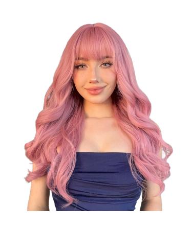NAYASA Pink Wigs with Bangs - Long Wavy Synthetic Wig for Women - Heat Resistant and Colorful for Daily Party and Cosplay - 22 inches - Buy Online on GoSupps.com