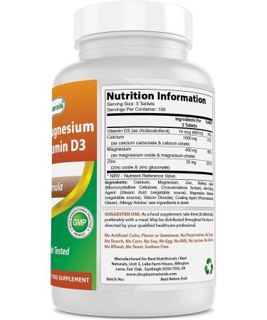 Best Naturals Calcium Magnesium Zinc with Vitamin D3 - 300 Tablets - Buy Online on GoSupps.com