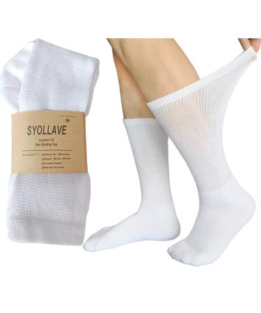 SYOLLAVE Women Diabetic Crew Socks Health Circulatory Non Binding Extra Wider Top Cushioned Moisture Wicking Sock 9-11 (White/3 Pairs  9-11) White/3 Pairs 9-11