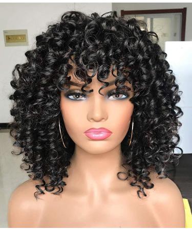 CiCi Short Curly Wigs For Black Women With Bangs Afro Short Kinky Curly Big Bouncy Hair Wig 12inch in Front 14 inch Back