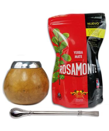 Hreniuk SA (Rosamonte) Rosamonte Yerba Mate Tea Set Traditional Zip 250g 1x Mate Cup Gourd Pumpkin leopard color Yerba Mate Tea Straw Bombilla Cleaning Brush Detox and Energy Drink