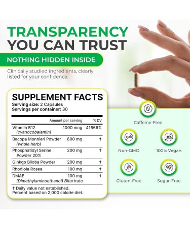Memory Muscle Advanced Nootropic Brain Supplement with Vitamin B12, Bacopa Monnieri & DMAE for Focus, Memory, Mental Clarity & Clean Energy Premium Cognitive Support Formula - Buy Online on GoSupps.com