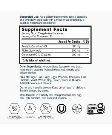 Nature's Lab CoQ10 + Alpha Lipoic Acid + Acetyl L-Carnitine HCl Capsules - Heart & Cognitive Health Support - 60 Count - Buy Online on GoSupps.com