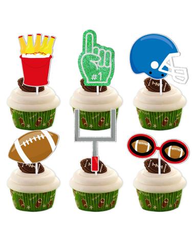 Dessert Cupcake Topper Rugby Ball Super Bowl Touchdown Sport Game Day Theme Decor Supplies Men Boys Happy Birthday Party Decorations set 18pcs Glitter