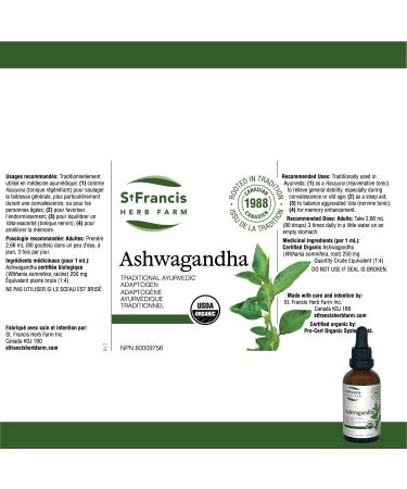 St. Francis Herb Farm Ashwagandha Tincture | Supplement for Stress Relief | Reduces Mental and Physical Fatigue | Anti-inflammatory | Gluten-Free | Organic | Non-GMO | 50mL 50 ml (Pack of 1) - Buy Online on GoSupps.com