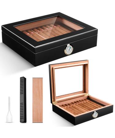 CIGARLOONG Cigar Humidor Spanish Cedar Desktop Box with Humidifier and Hygrometer Hold up to 25 Cigars(Color:Black)