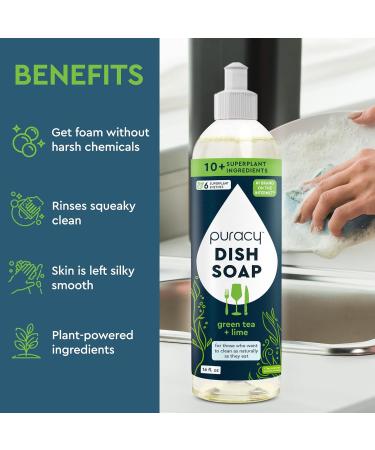 Puracy Green Tea & Lime Dish Soap - 16 Ounce (3-Pack) | Plant-Based & Sulfate-Free Dishwashing Detergent - Buy Online on GoSupps.com