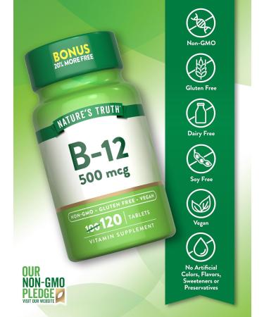 Nature's Truth B12 Vitamin | 500 mcg | 120 Tablets | Vegan Non-GMO & Gluten Free Supplement - Buy Online on GoSupps.com