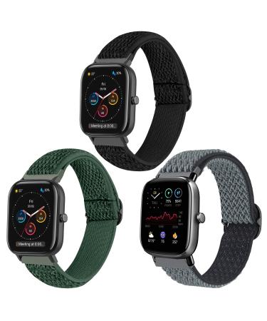 Krudary Adjustable Elastic Band Compatible with Amazfit GTS / GTS 2 / GTS 2 Mini / GTS 2e / GTS 3 , Soft Stretch Nylon Loop Bracelet Strap Replacement for Amazfit Bip / Bip U Pro / Bip S Lite 3 Pack (Black + Green + Grey)