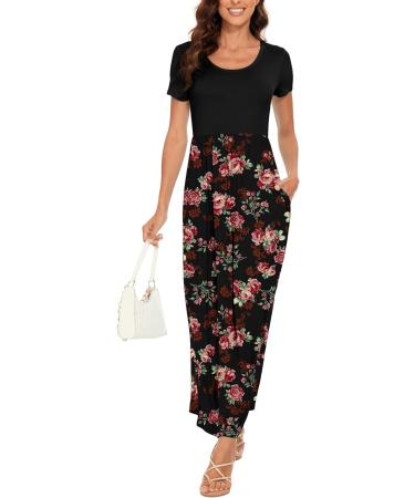 YUNDAI Womens Summer Maternity Maxi Dress with Pocket, Floral Loose Fit, Short Sleeve, Plus Size - Rose Black (Size M) - Buy Online on GoSupps.com