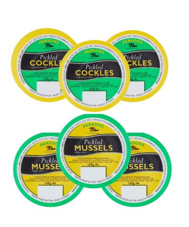 Parsons Pickled Cockles 155g X 3 and Parsons Pickled Mussels 155g X 3 | Ready to Eat | Pack of 6