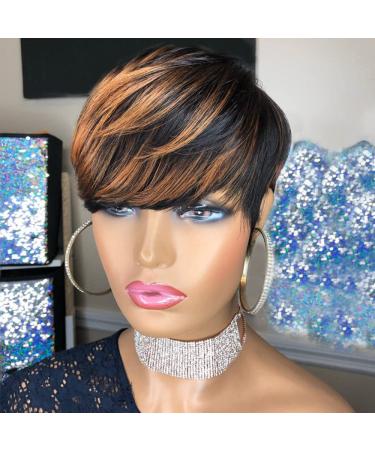 PangDongLai Pixie Cut Wigs for Black Women Pixie Cut Human Hair Wigs Short Remy Hair Black with Brown F1B/33 Color Short Black Layered Wavy Wigs (pixie cut wig, black with brown) black with brown pixie cut wig