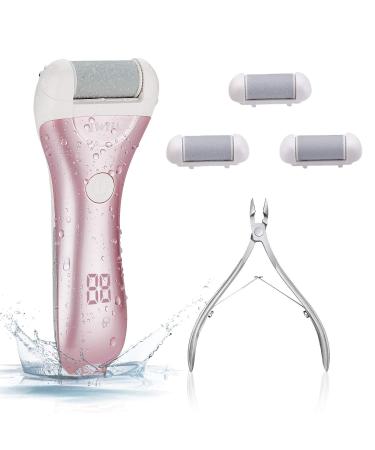 Electric Foot File Rechargeable Callus Remover for Feet Hard Skin Remover Pedicure Tools kit Electronic Waterproof Callus Shaver for Cracked Heels Thick Callous Dead Skin with 3 Roller Heads Pink