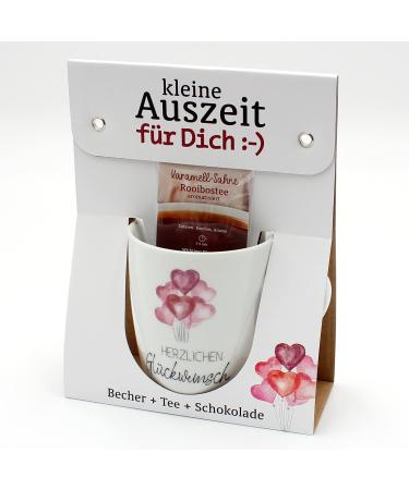 Dekohelden24 Gift Set Small Break Coffee Mug Made of Porcelain + Tea + Chocolate Design: Congratulations Size H/ : 9.8 x 8.2 cm Capacity 250 ml Dishwasher Safe White 9 8 cm