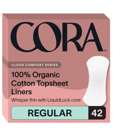 Cora Period Regular Liners | 100% Organic Cotton Topsheet | Ultra Thin Quick Absorbency | Hypoallergenic | Dermatologically Tested | Unscented No Wings (42 Liners)