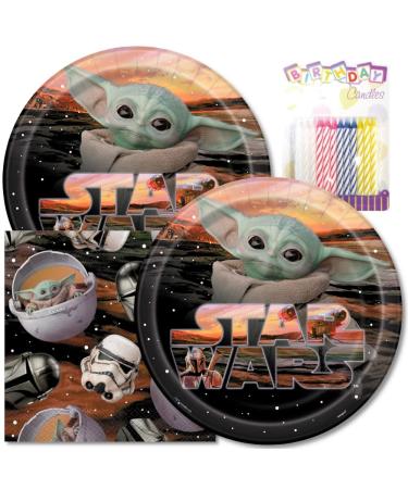 Star Wars Mandalorian Happy Birthday Plates & Napkins Party Supplies - 9" Happy Birthday Party Plates for Lunch Serves 16 - Birthday Paper Plates & Napkin Set Plus 24 Birthday Candles