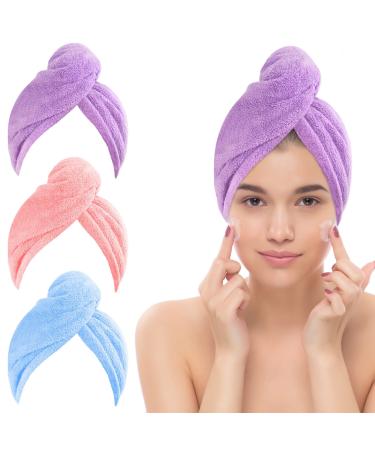 Jsdoin 3 Pack Hair Towel Wrap Microfibre Wrap Hair Towel with Button Super Quick Absorbent Anti-Frizz Fast Dry Hair Caps Twist Turban for Girls and Women and Best for Long Wet Thick Hair