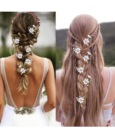 Crystal Pearl Bridal Flower Wedding Hair Pins - Gold Hair Accessories with Rhinestone for Brides & Bridesmaids - 6 Pieces (Pure White Flower) - Buy Online on GoSupps.com