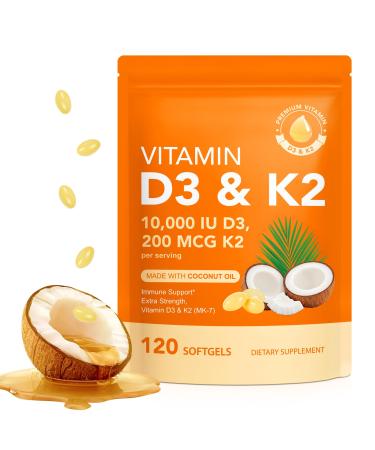 Vitamin D3 K2 10000 IU with 200mg Vitamin D3 and K2 Capsules 2 in 1 Vitamins D & K Complex with Virgin Coconut Oil 120 Softgels Easy to Swallow & Non-GMO