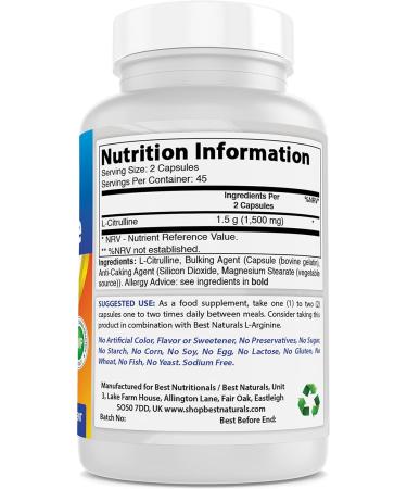 Best Naturals L-Citrulline Capsules - 1500mg/Serving - Non-GMO - Gluten Free - 90 Capsules (90 Count (Pack of 1)) - Buy Online on GoSupps.com