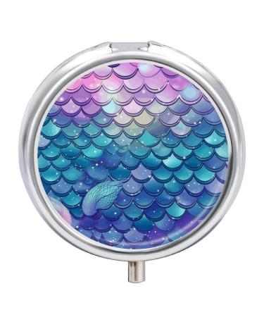 Round Pill Box Water Lily Mermaid Scales Print 3 Compartment Medicine Pill Case Print Pill Organizer Decorative Metal Portable Pill Box Pocket Pill Box