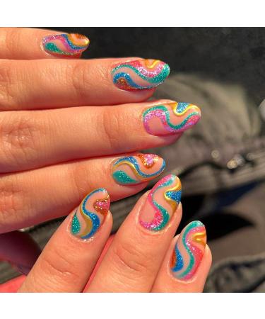 Almond Press on Nails Short 24Pcs Stiletto Glossy False Nails with Colorful Swirl Designs Bling Glitter Acrylic Nails Wave Line Glue on Nails for Women Girls