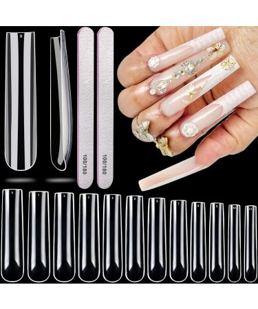 Long Square Nail Tips  AITRAI 504pcs XXL/XXXL Square Nail Tips Full Cover Tapered Square Nail Tips No C Curve Nail Tips Square Straight Tips Long Acrylic Fake Nail Tips with 2pcs Files for Salon Home Nail Art (12 Sizes)