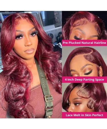 RDFIZZ 22 Inch 99J Burgundy Body Wave Lace Front Wig - Pre Plucked 150% Density Human Hair Wig for Black Women - Dark Burgundy Color - HD Transparent Lace - Buy Online on GoSupps.com