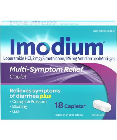Imodium Multi-Symptom Relief Caplets - 18 ct Anti-Diarrheal Meds with Loperamide Hydrochloride and Simethicone for Diarrhea, Gas, Bloating, Cramps - Buy Online on GoSupps.com