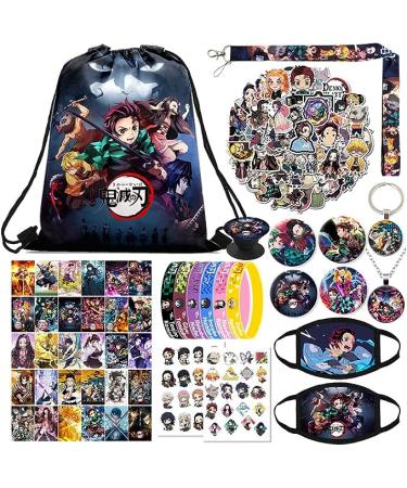Demon Slayer Manga Gift Set, Including Drawstring Bag Backpack, Face Masks, Demon Slayer Stickers, Lomo Cards, Button Pins, Bracelets, Lanyard, Phone Ring Holder, Keychain Black