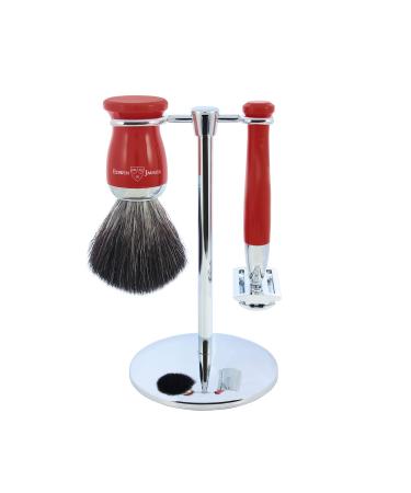 3pc set Double Edge Safety Razor Shaving Brush Black Synthetic Fibre With Stand Chrome Plated (Red)