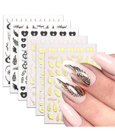 9 Sheets Nail Art Stickers Decals Gold Silver Black Nail Art Decals Stars Moon Angel Wings Nail Stickers Design 3D Self-Adhesive Nail Accessories for Women French Manicure Decoration