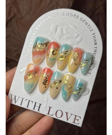 Handmade Press On Nails Short MouyouGlow Almond Colourful Foils Gold Resuable Fake Nails with Self-Adhesive Colourful Handmade Artificial Fingernails 10 Pieces (#10-M) - Buy Online on GoSupps.com
