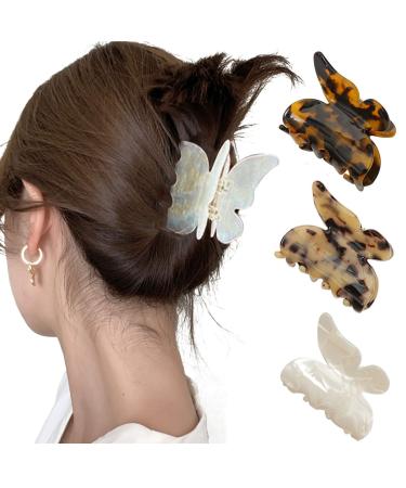 3PCS Acrylic Hair Claw Butterfly Tortoise Shell Hair Clip Celluloid French Design Leopard Print Hair Clips for Women (Large A)