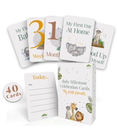 40 Milestone Baby Cards in Gift Box - Designed in UK Jungle Theme Baby Shower Gifts for New Parents - Newborn Baby Gifts - Unisex Baby Milestone Cards for Mum Dad Pregnancy Gifts & Keepsakes 40 Milestone Cards Jungle Edition