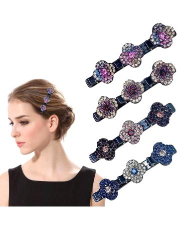 Braided Hair Clips Accessories for Women - 4-Pack Sparkling Crystal Stone Braided Hair Clips for Girls Four-Leaf Clover Chopped Hairpin Duckbill Clip with 3 Small Clips for Styling Sectioning Style A 4-Pack