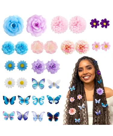 30 Pieces Butterfly Hair Clips with Flower Hair Clip Purple Blue Rose White Daisy Hair Clip Cute Pink Hair Flowers Hair Accessories for Women Braids Girls Hair Styling Accessories