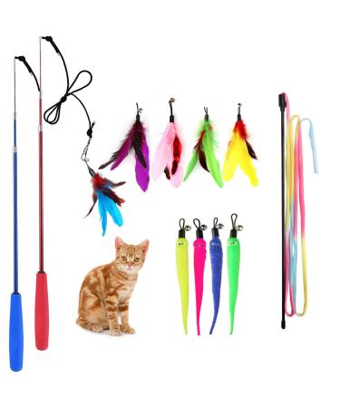M JJYPET Retractable Cat Toys Wand ,12 Packs Interactive Cat Feather Toys,9 Assorted Teaser Refills with Bell for Cat,Kitten