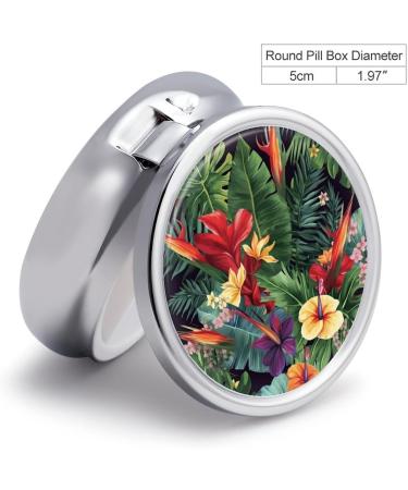 Round Pill Box with Tropical Plant Flowers Print | 3 Compartment Decorative Metal Pill Organizer | Portable Pocket Case | Style-38 - Buy Online on GoSupps.com