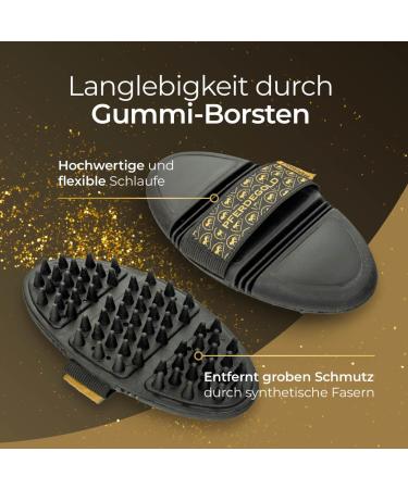 Premium Horse Gold Massage Striegel - Wrist-Protecting Elastic Hand Loop for Easy Fur & Dirt Removal - Ideal for Shedding - Buy Online on GoSupps.com