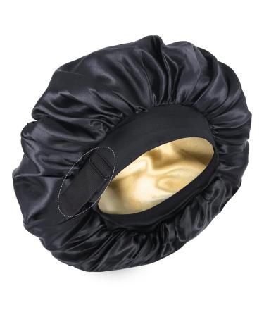 Silk Bonnet for Sleeping Double Layer Satin Bonnet Adjustable Bonnets for Black Women Sleep Cap Reversible Hair Bonnet for Curly Hair (Black)
