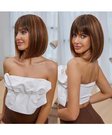 KOME Short Bob Wig for Women, Brown Highlighted Balayage Shoulder Length Synthetic Wig 12IN - Buy Online on GoSupps.com