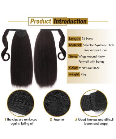 Yaki Straight Ponytail Extensions with Bangs for Black Women - 24 Inch Natural Black Hairpiece - Buy Online on GoSupps.com